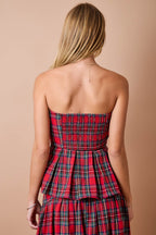 Holiday Christmas Strapless Plaid Pleated Peplum Top