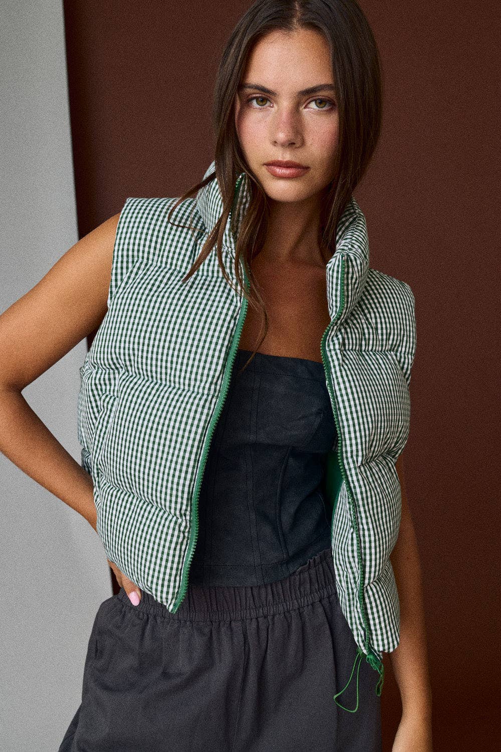 Green Gingham Puffer Vest