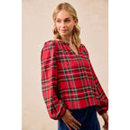 CHRISTMAS PLAID BALLOON SLEEVES RUFFLED V-NECK TOP