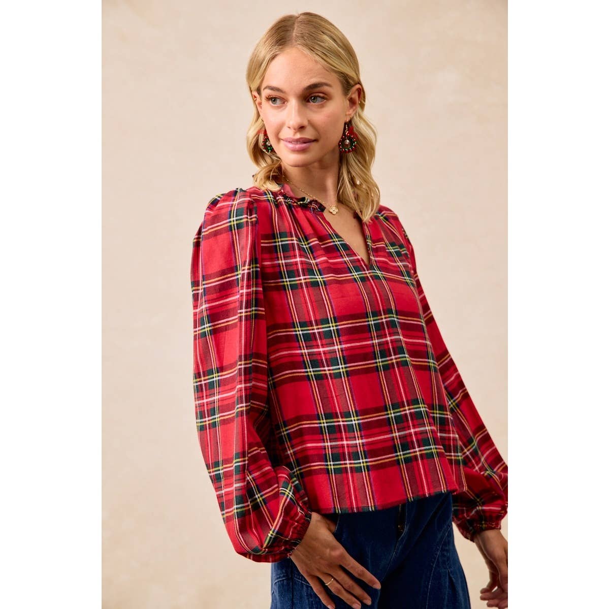 CHRISTMAS PLAID BALLOON SLEEVES RUFFLED V-NECK TOP