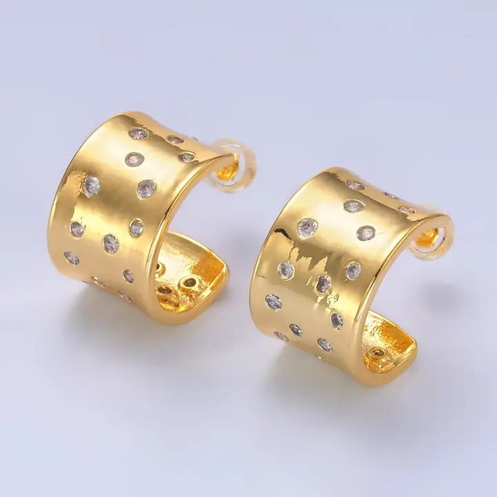 24K Gold Filled Clear Cz Dotted Wide C-Shaped Hoop Earrings