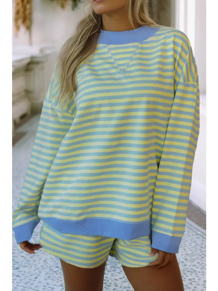 Stripe Colorblock Pullover Elastic Waist Shorts 2pcs Set: Blue and Yellow