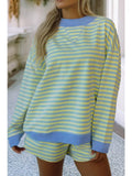 Stripe Colorblock Pullover Elastic Waist Shorts 2pcs Set: Blue and Yellow