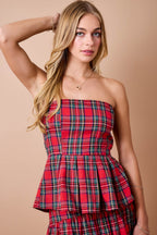 Holiday Christmas Strapless Plaid Pleated Peplum Top
