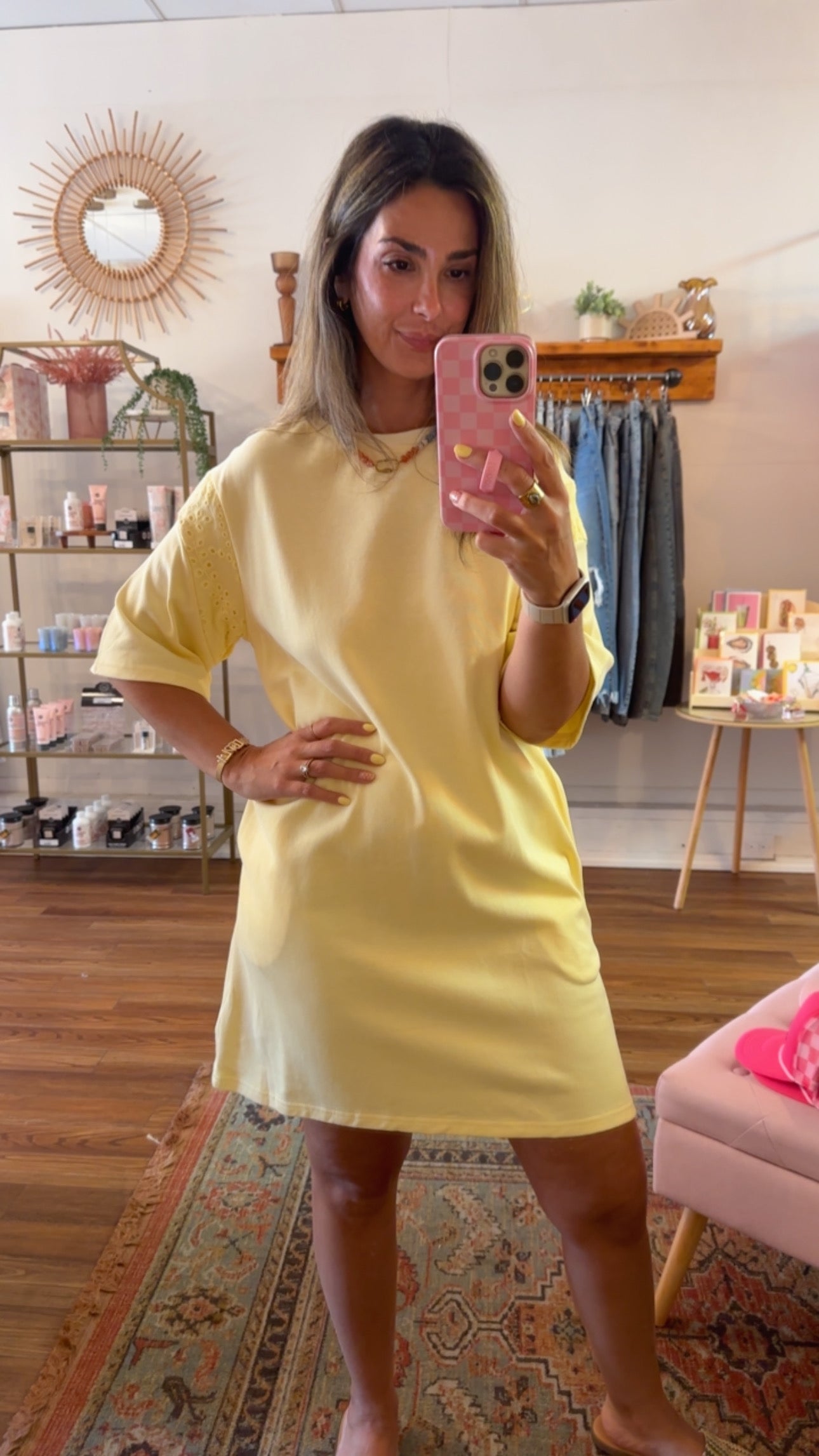 Yellow Embroidered Lace Mini Shirt Dress