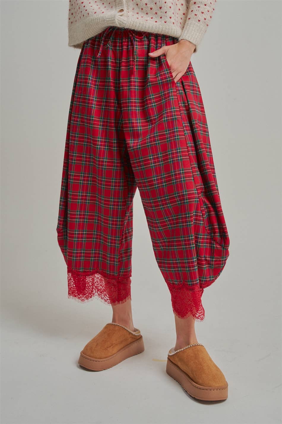 CHRISTMAS PLAID LEG PANTS WITH DELICATE LACE