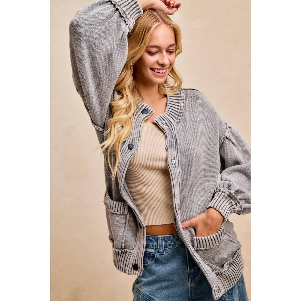 WASHED RIB BANDED COTTON SWEATER KNT CARDIGAN TOP