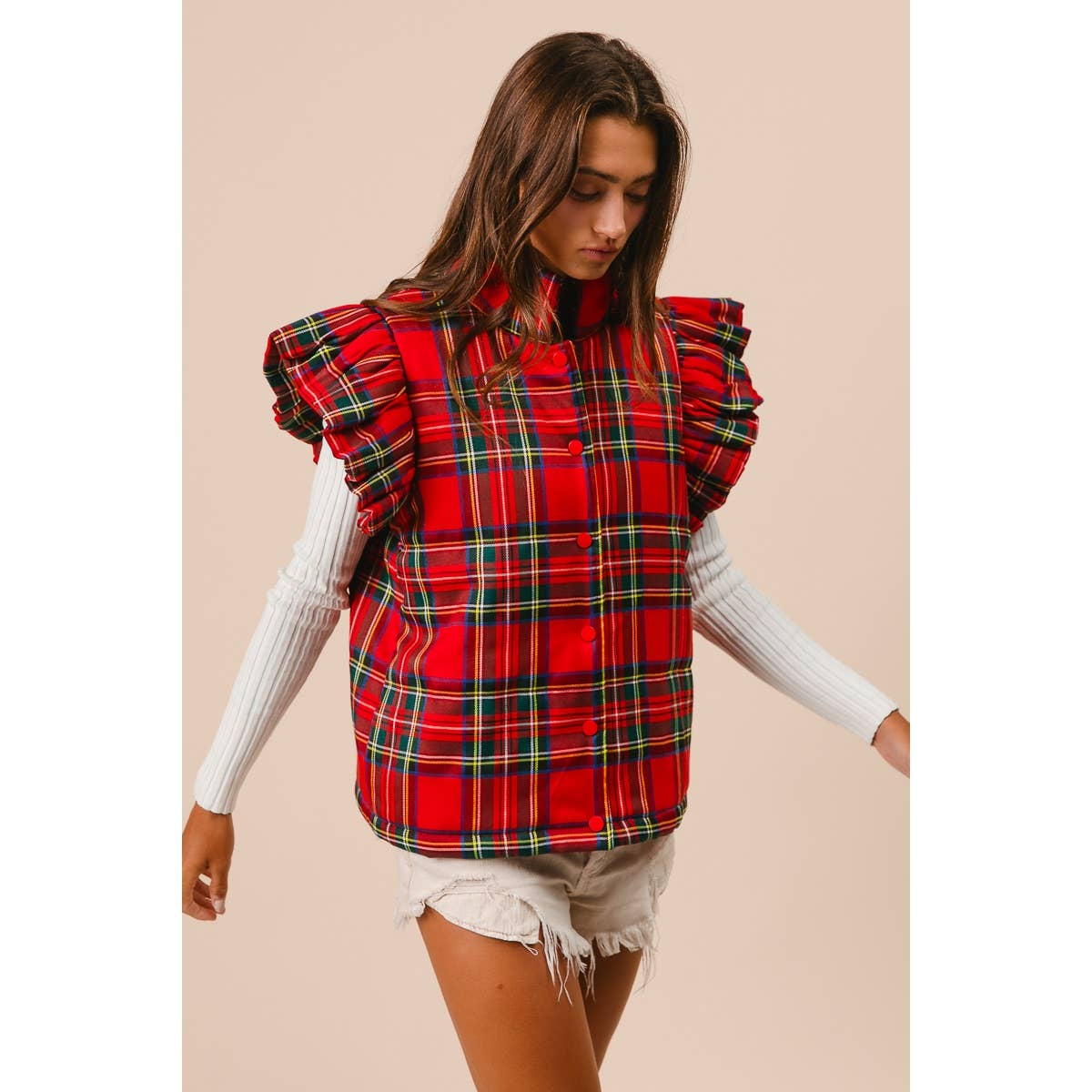 CHRISTMAS PLAID RUFFLED PUFFER VEST