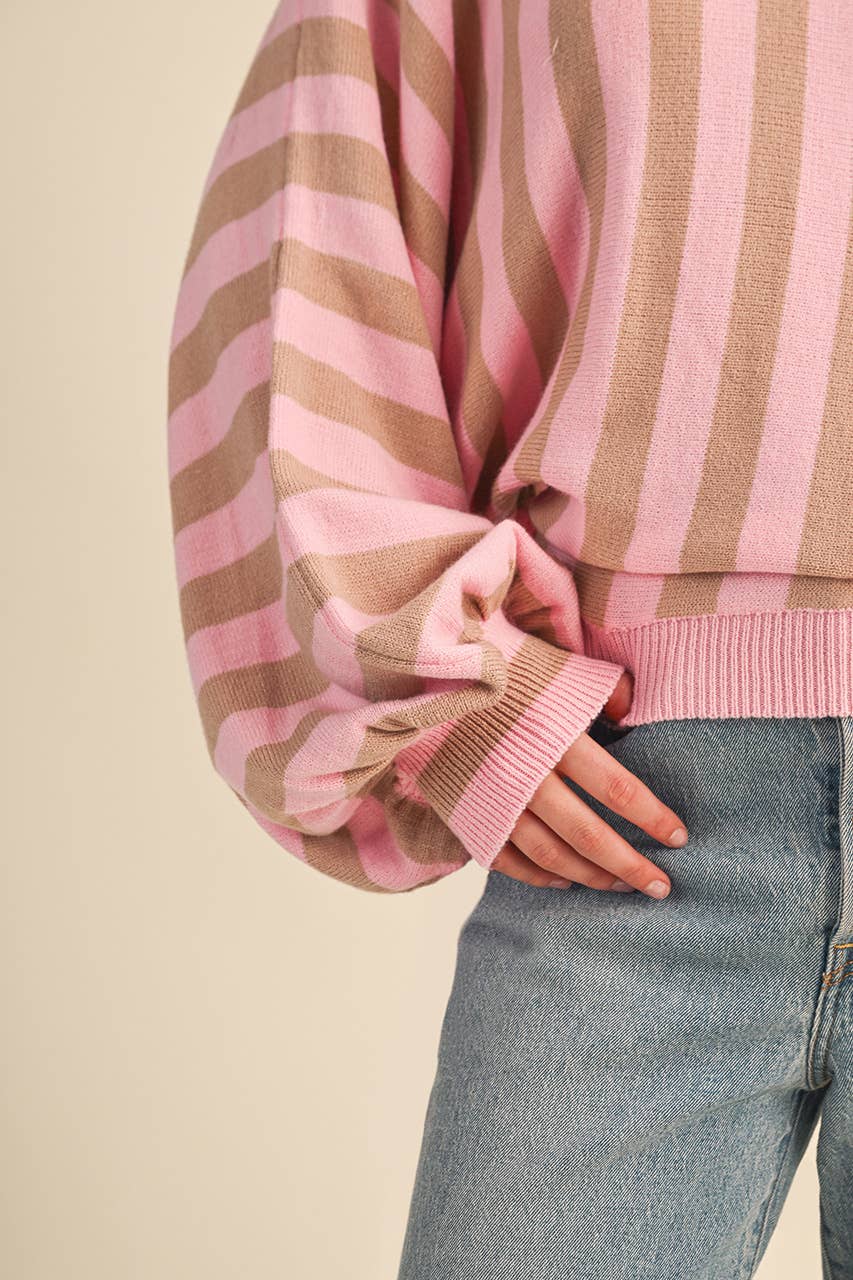 STRIPED DRAWSTRING SLEEVES SWEATER