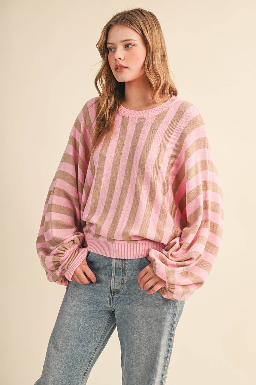 STRIPED DRAWSTRING SLEEVES SWEATER