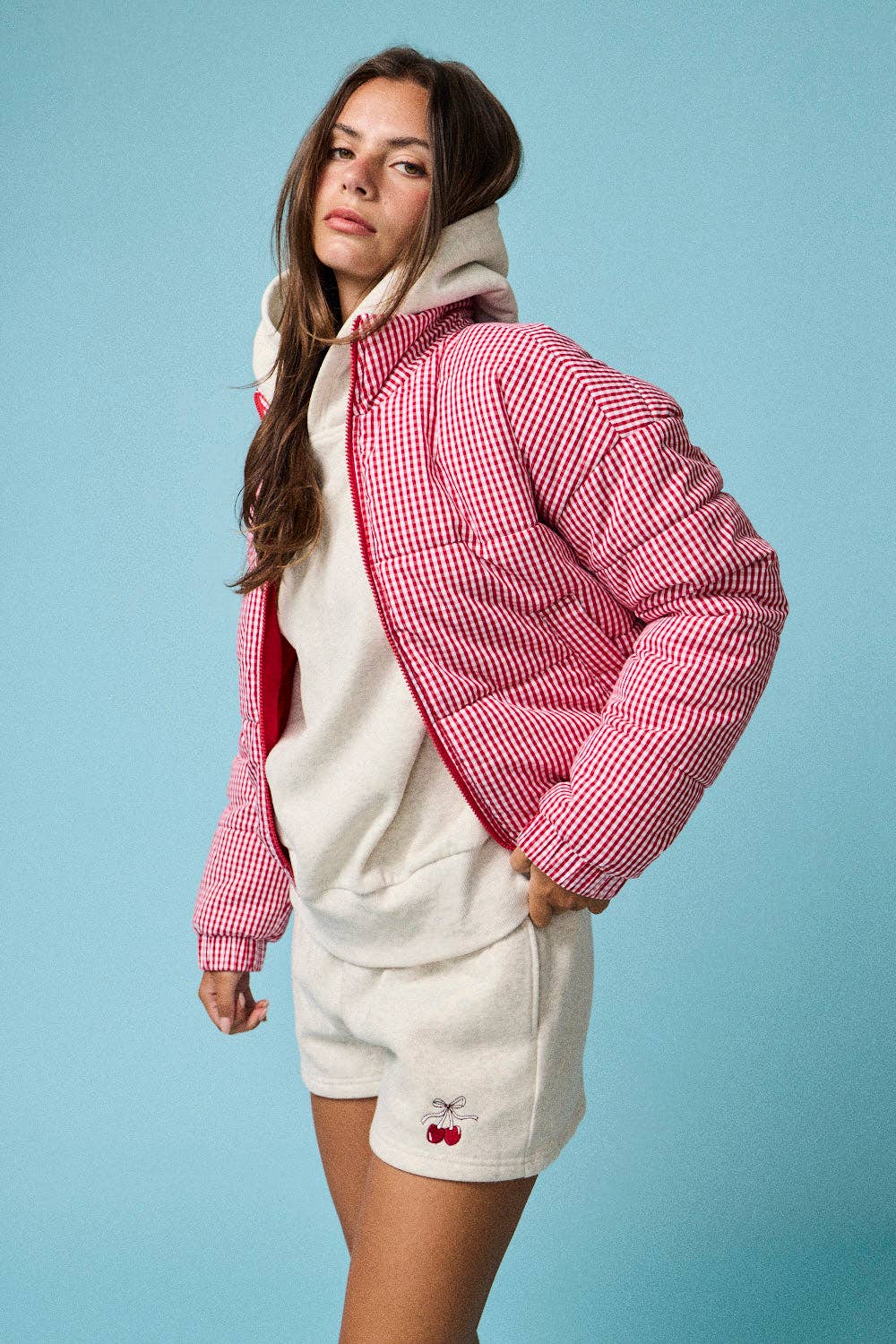 RED GINGHAM ZIP-UP PUFFER JACKET