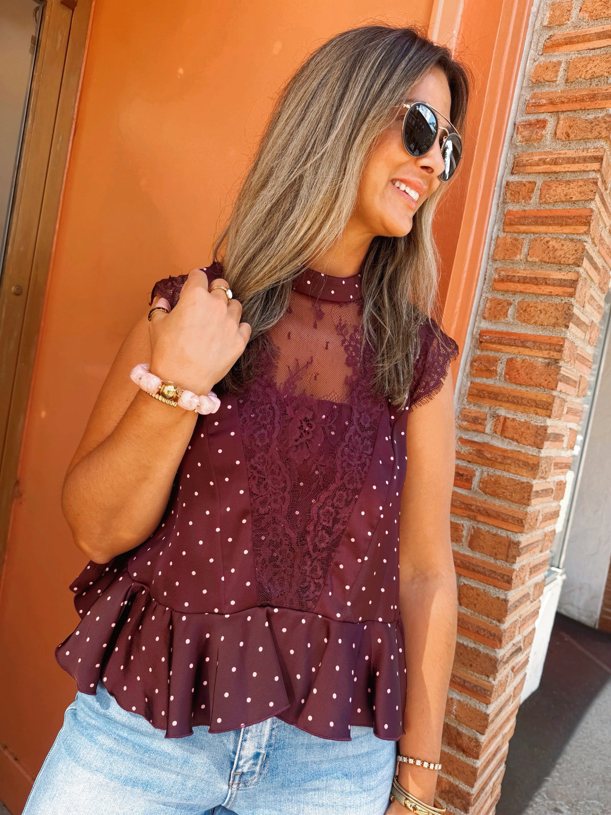 POLKA DOT SATIN LACE TRIM RUFFLED HIGH NECK BLOUSE TOP