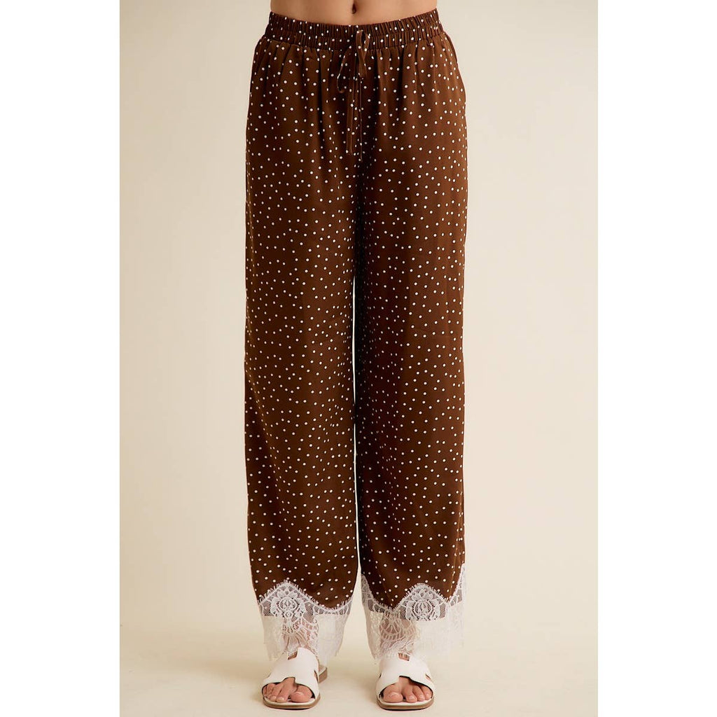 SATIN POLKA DOT WIDE LEG PANTS WITH LACE