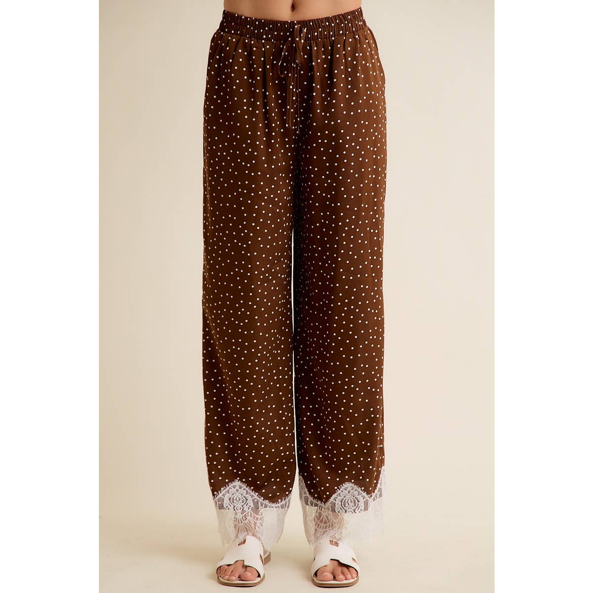 SATIN POLKA DOT WIDE LEG PANTS WITH LACE