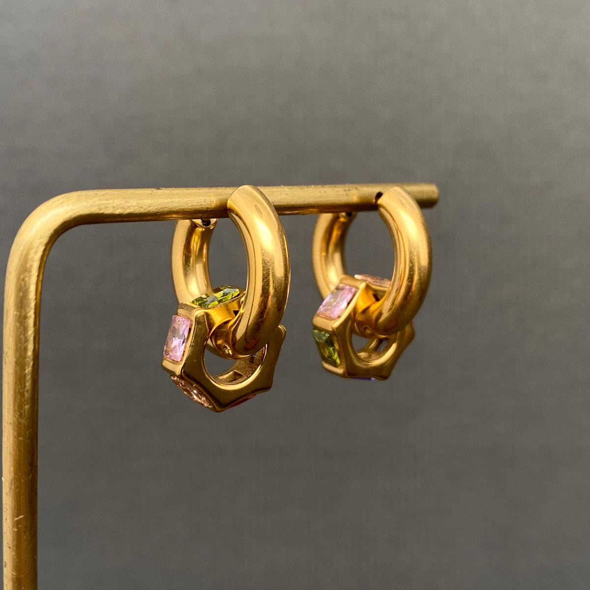 Color Zircon Inlaid 18K Gold Plated SS Huggie Earrings