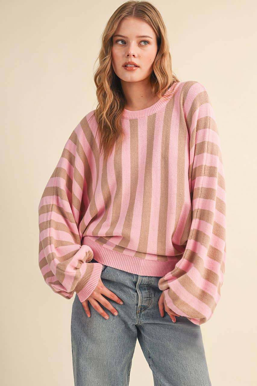 STRIPED DRAWSTRING SLEEVES SWEATER