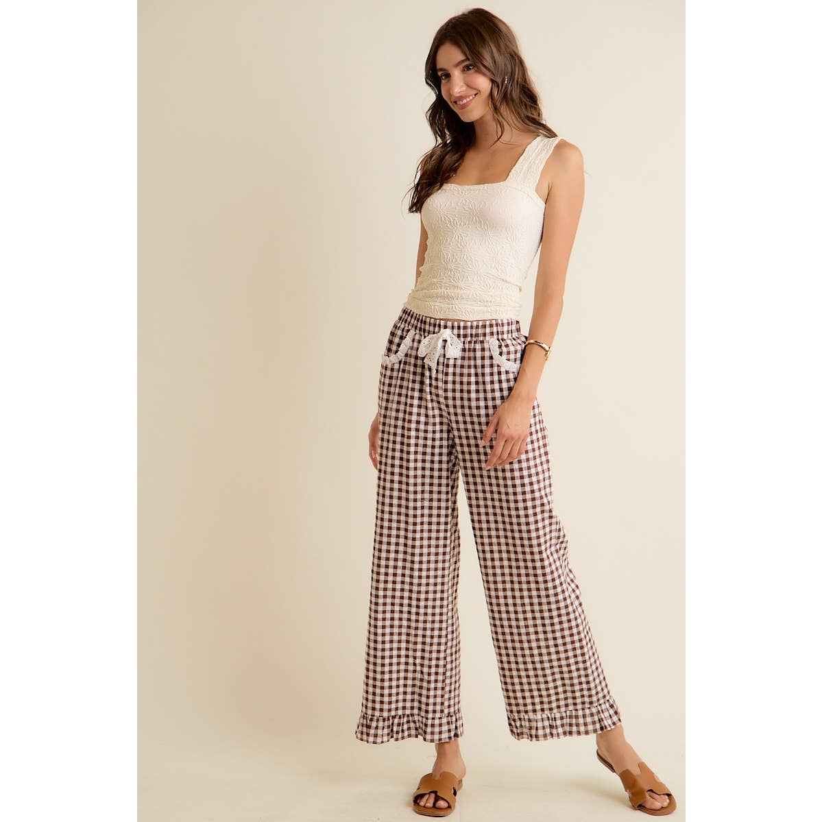 GINGHAM LACE RUFFLED PANTS