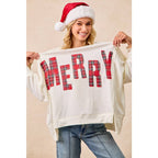 CHRISTMAS PLAID MERRY LETTERING FLEECE SWEATSHIRT