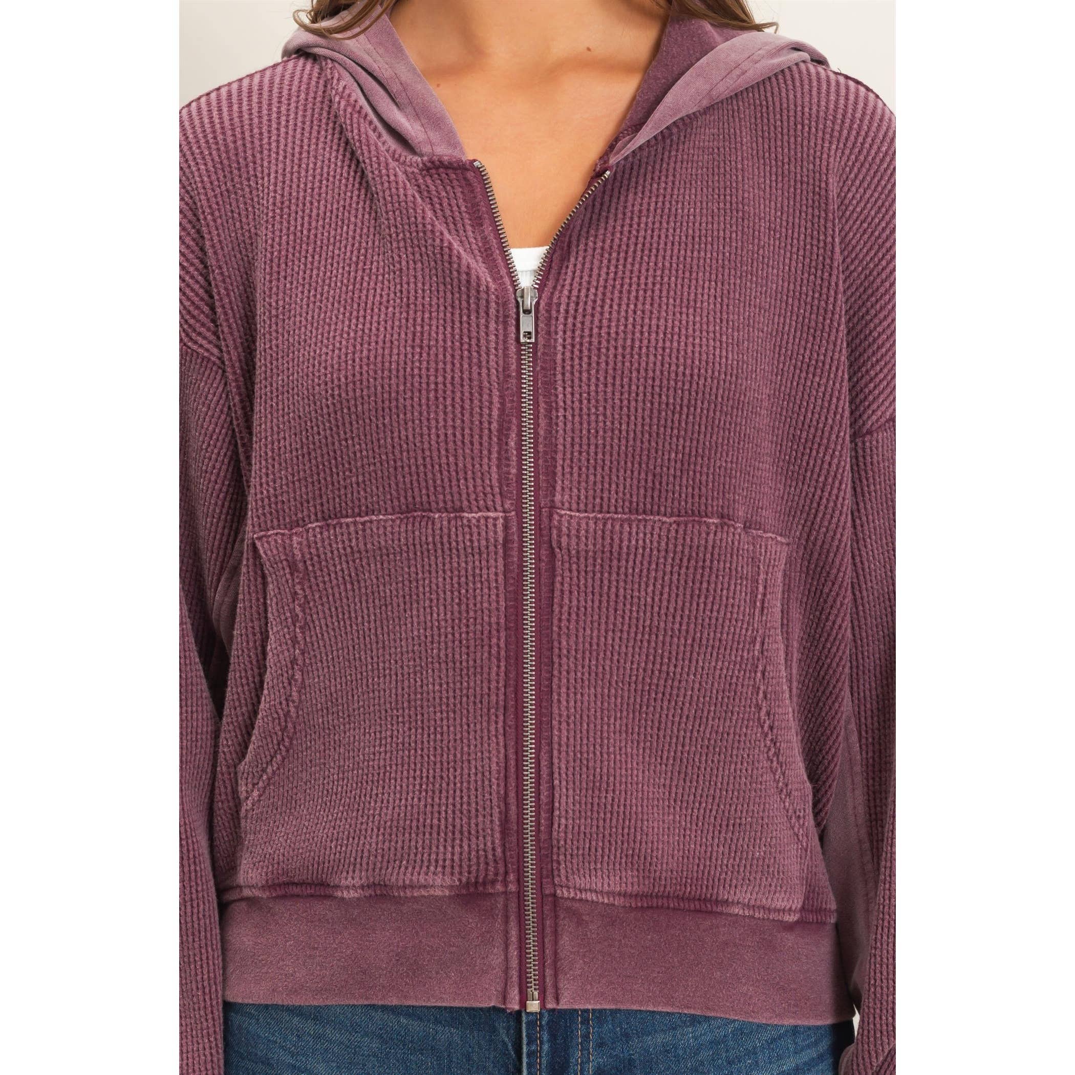 Acid Wash Waffle Knit Zip-Up Hoodie