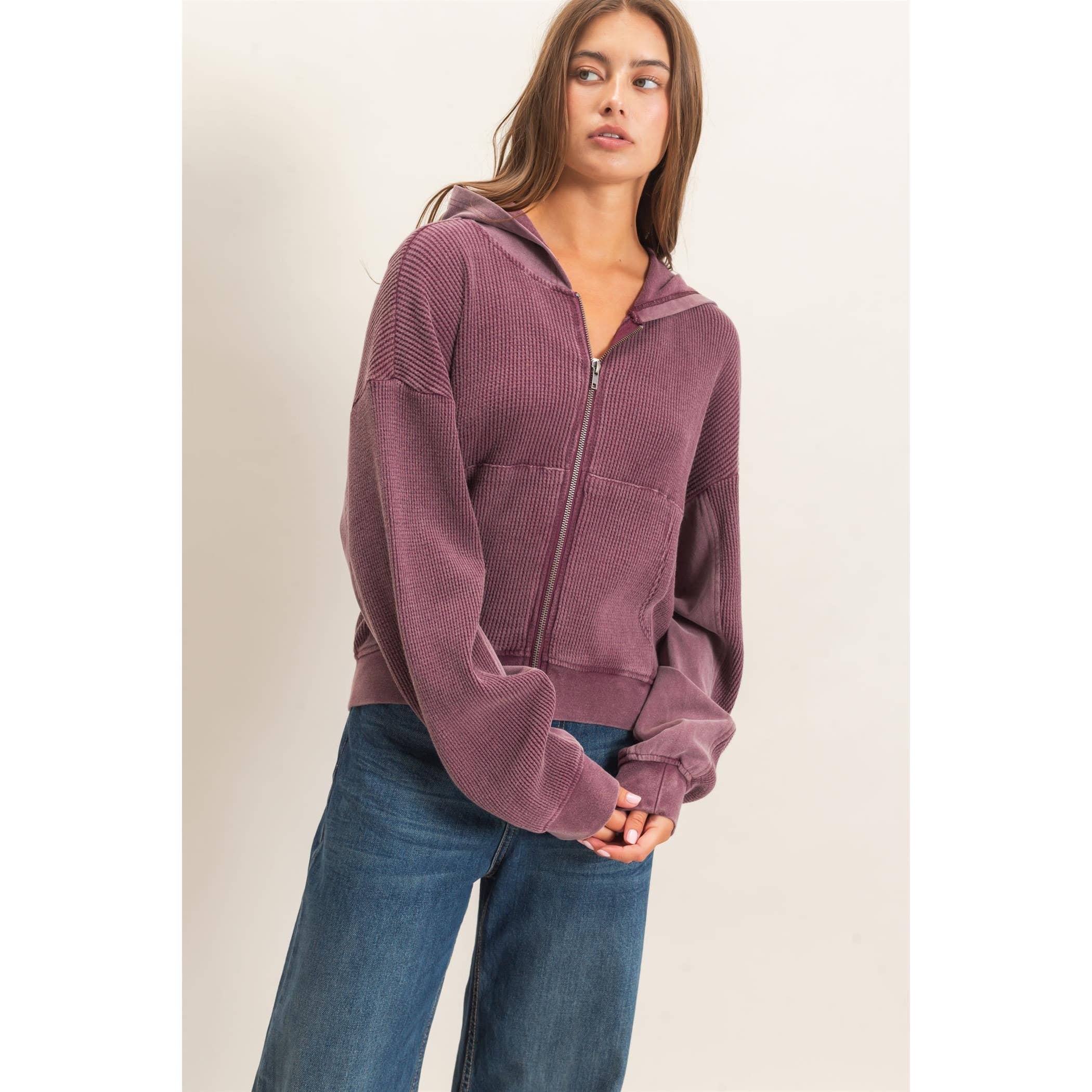 Acid Wash Waffle Knit Zip-Up Hoodie