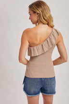 RUFFLED ONE SHOULDER RIBBED KNIT TOP