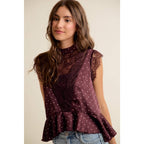 POLKA DOT SATIN LACE TRIM RUFFLED HIGH NECK BLOUSE TOP