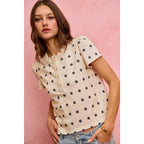 POLK-A-DOT KNIT LACE TRIM ON NECKLINE SHORT TOP