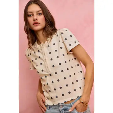 Polka Dot Top with Lace Trim neckline