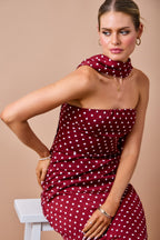 Polka Dot Strapless Midi Dress W/ Matching Scarf Set