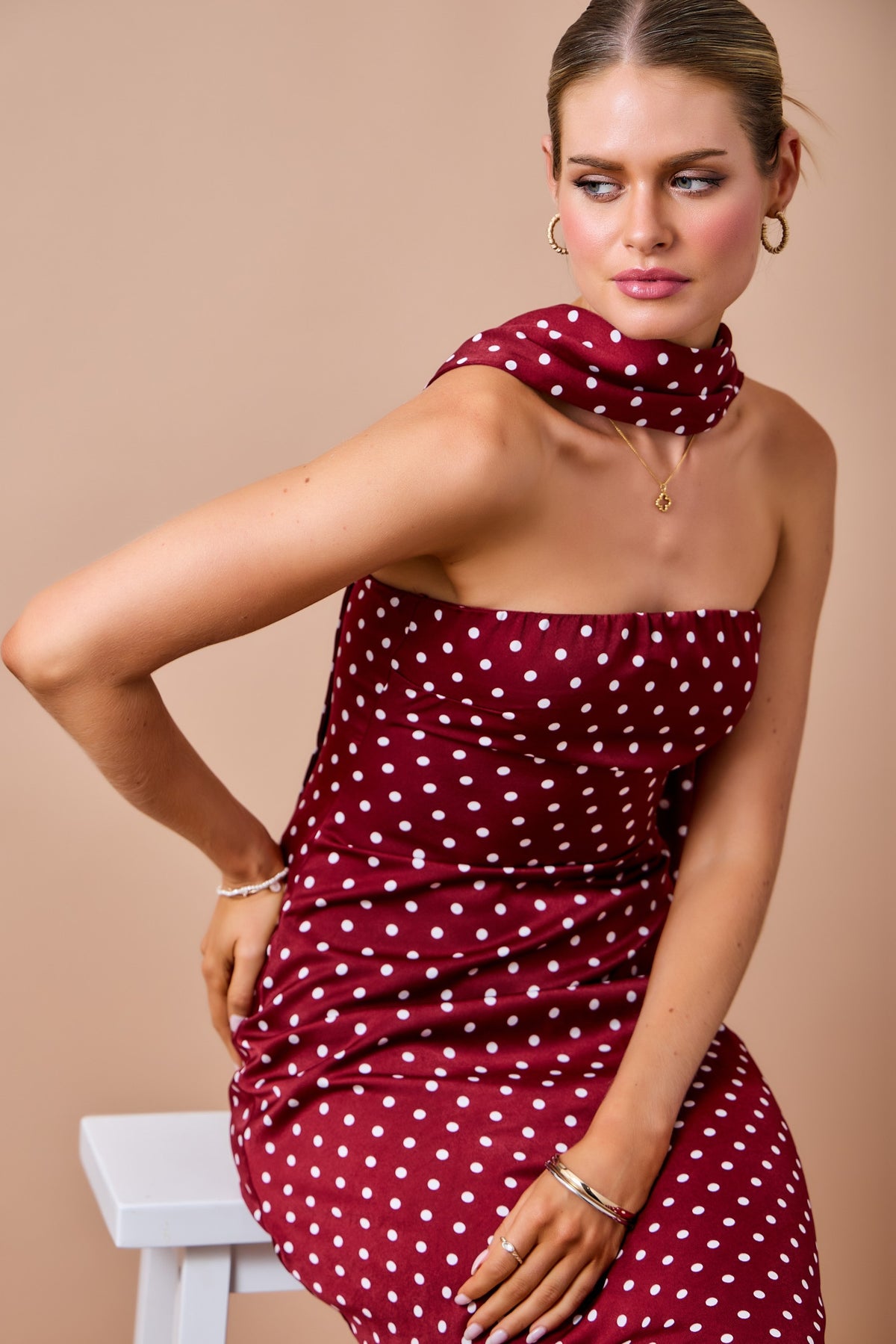 Polka Dot Strapless Midi Dress W/ Matching Scarf Set