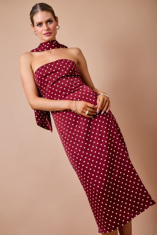 Polka Dot Strapless Midi Dress W/ Matching Scarf Set