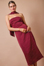 Polka Dot Strapless Midi Dress W/ Matching Scarf Set