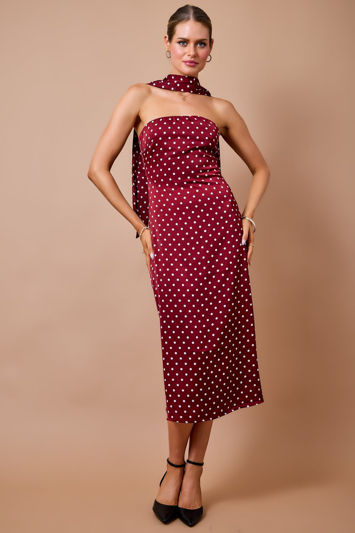 Polka Dot Strapless Midi Dress W/ Matching Scarf Set