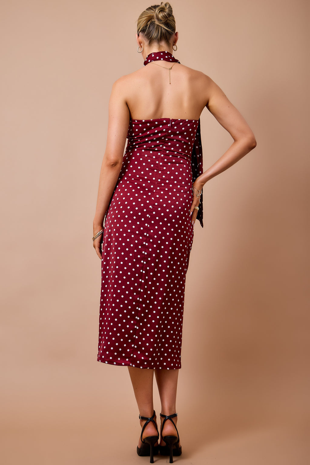 Polka Dot Strapless Midi Dress W/ Matching Scarf Set
