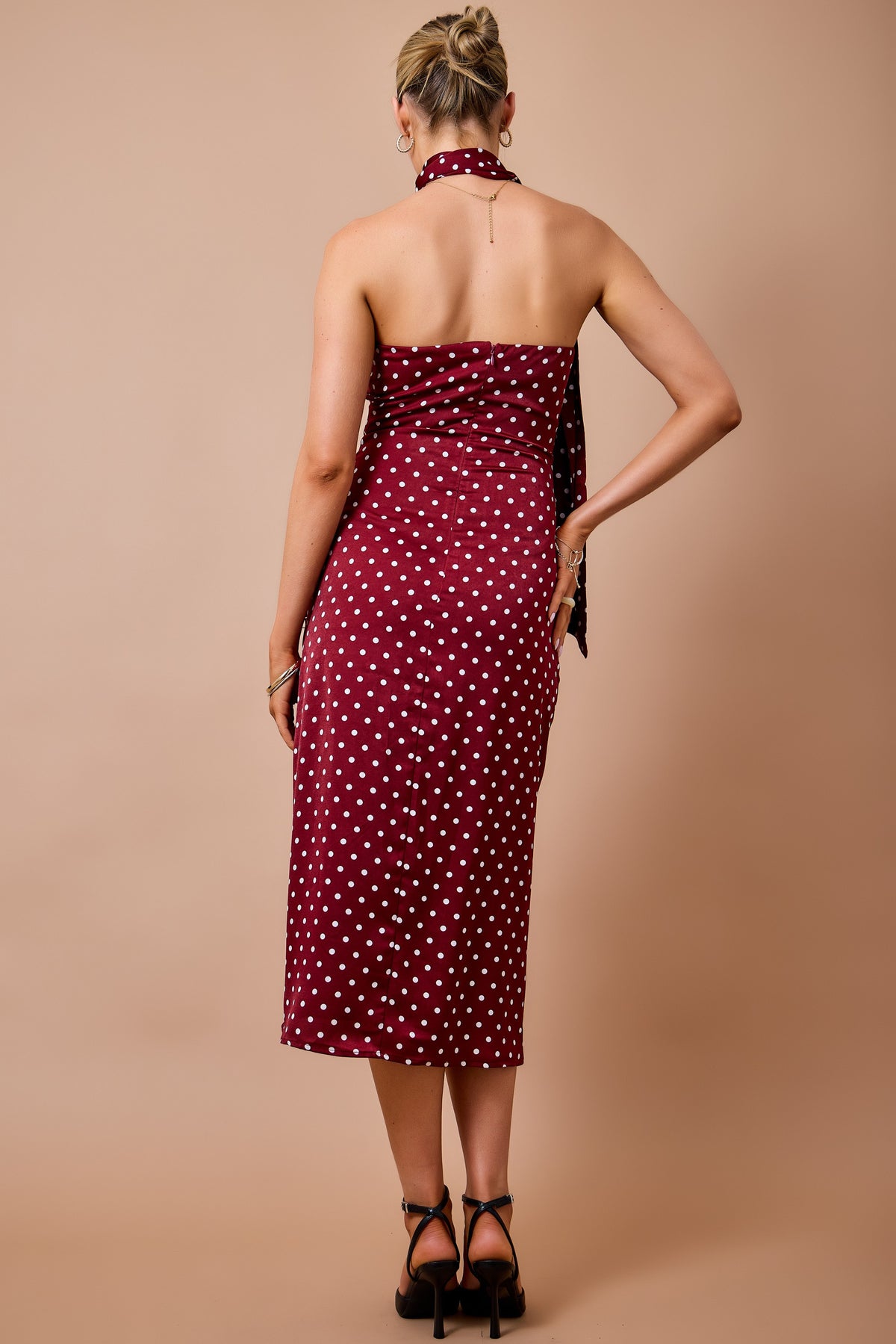 Polka Dot Strapless Midi Dress W/ Matching Scarf Set