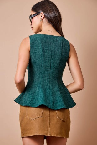 Sleeveless Boat Neck Fitted Peplum Top W/ Panel Seam Detail