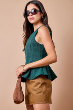 Sleeveless Boat Neck Fitted Peplum Top W/ Panel Seam Detail