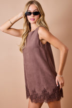 Sleeveless Suede Dress With Lace Detail