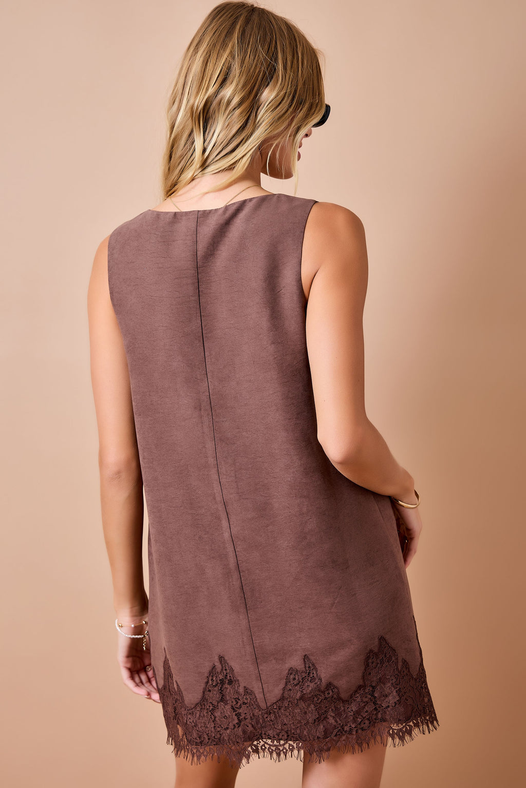 Sleeveless Suede Dress With Lace Detail