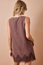 Sleeveless Suede Dress With Lace Detail