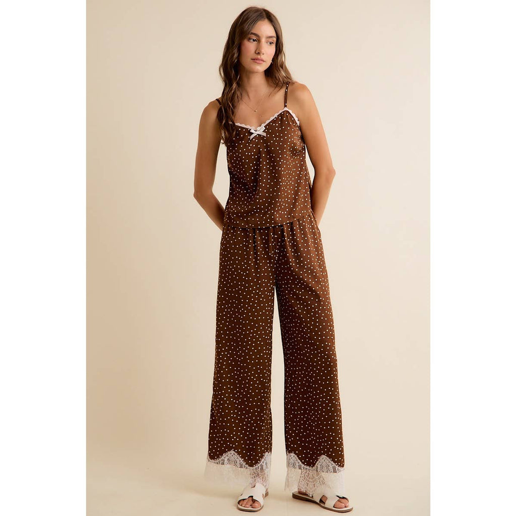 SATIN POLKA DOT WIDE LEG PANTS WITH LACE