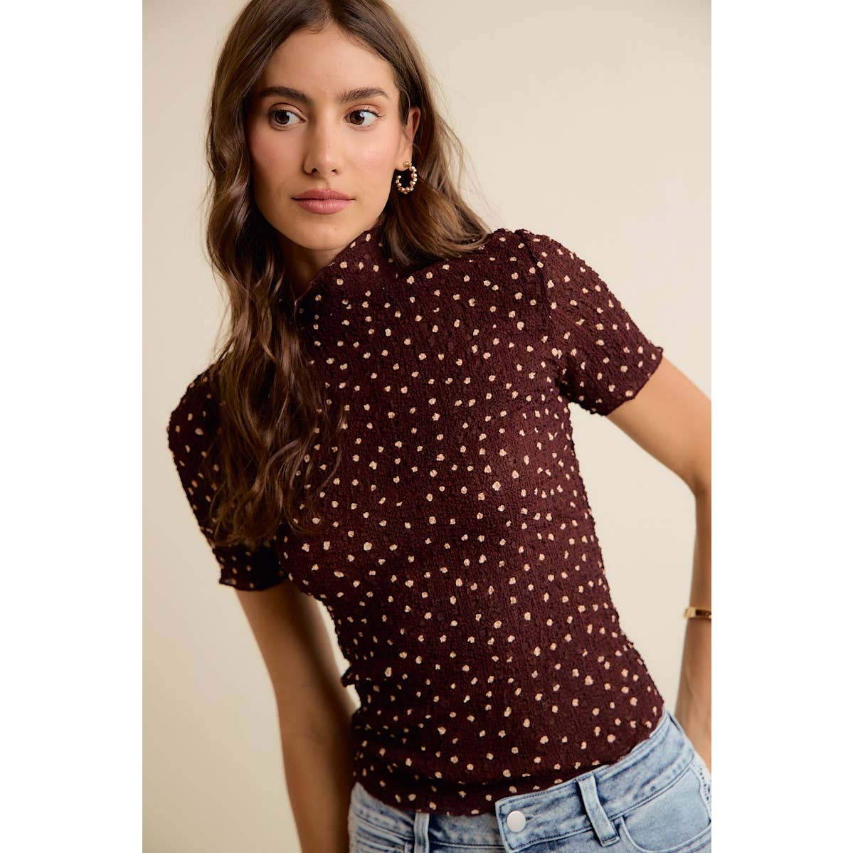 POLKA DOT CRINKLED SHORT SLEEVES TOP