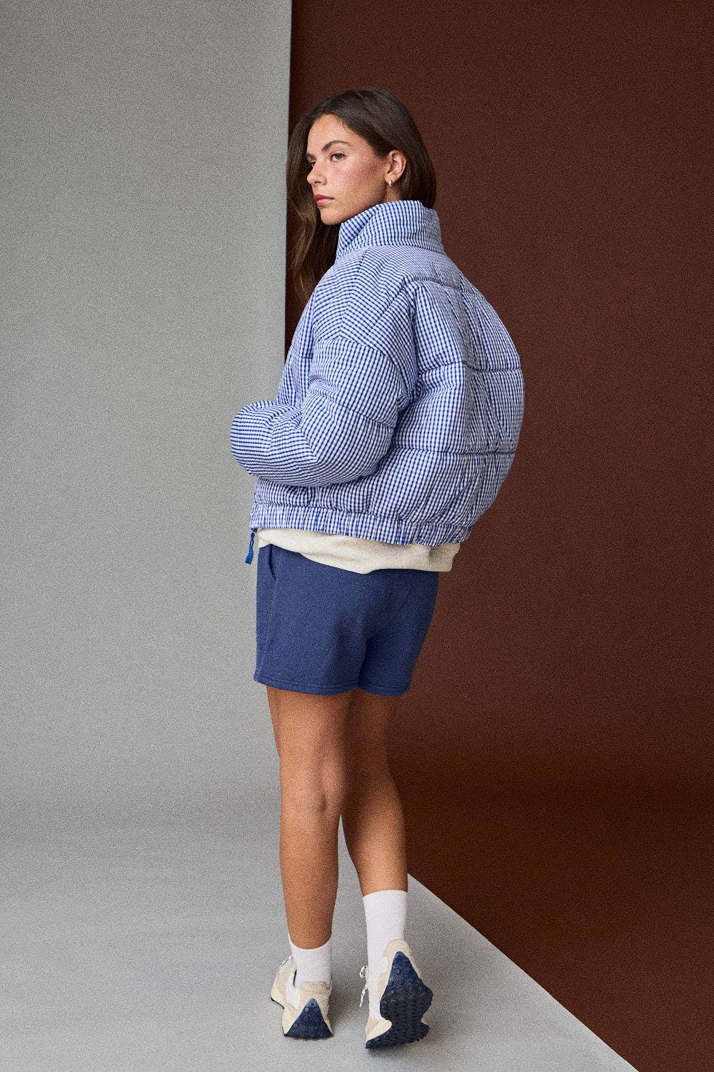 BLUE GINGHAM ZIP UP PUFFER JACKET
