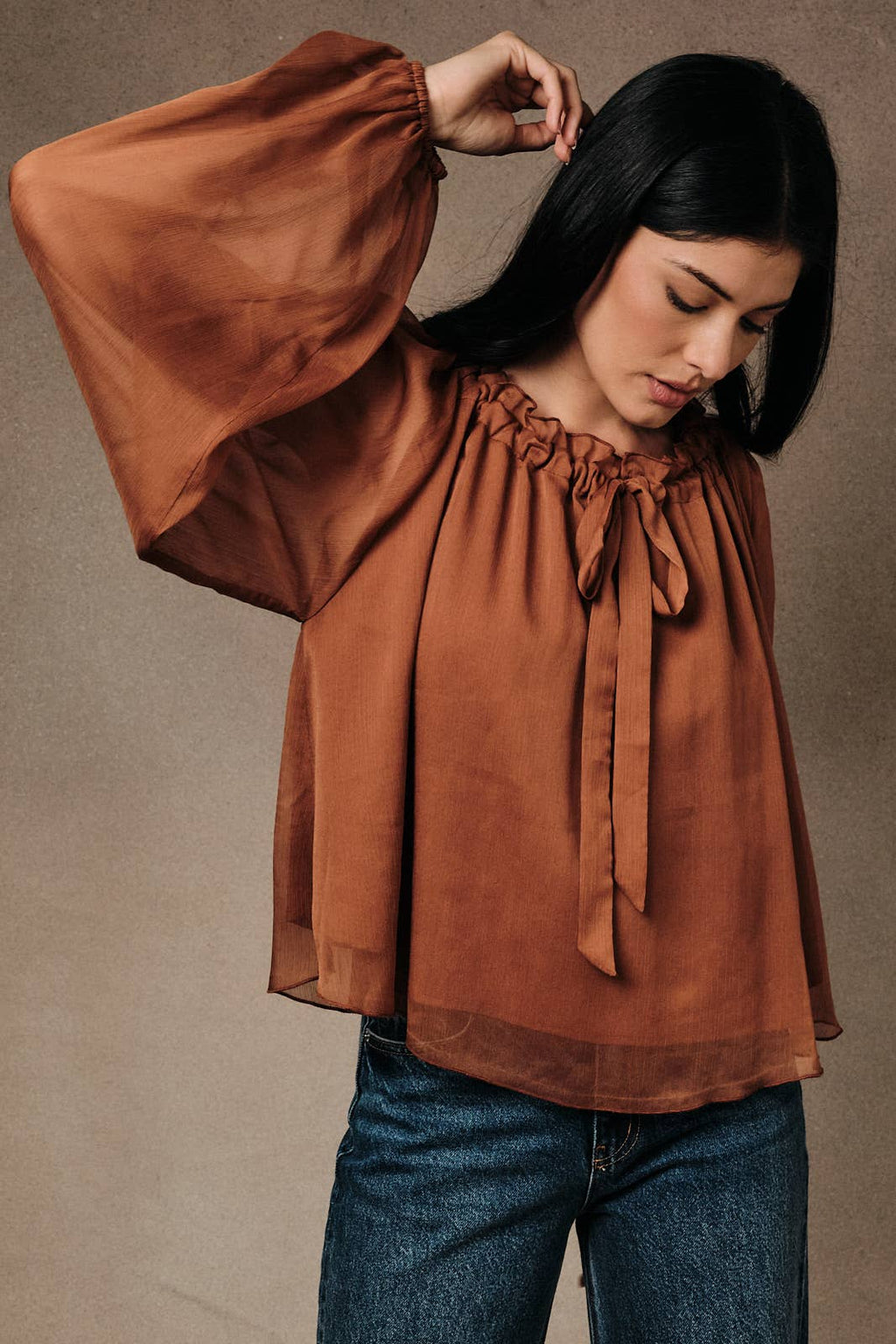 RUFFLED NECK FRONT TIES CAMI LINED BLOUSE