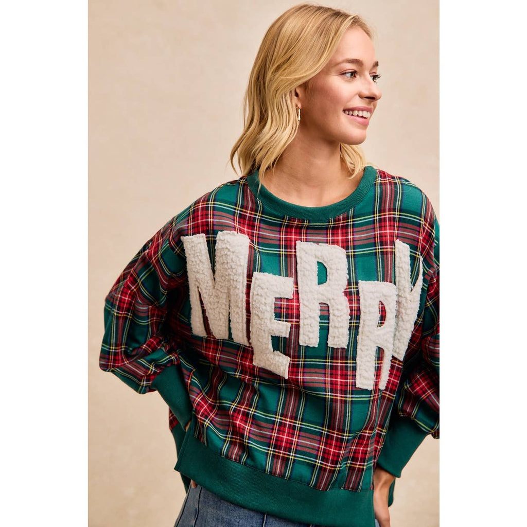 MERRY LETTER PATCHES CHRISTMAS PLAID SWEATSHIRT