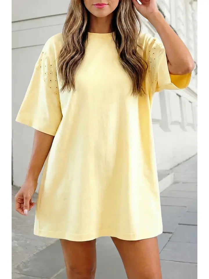 Yellow Embroidered Lace Mini Shirt Dress