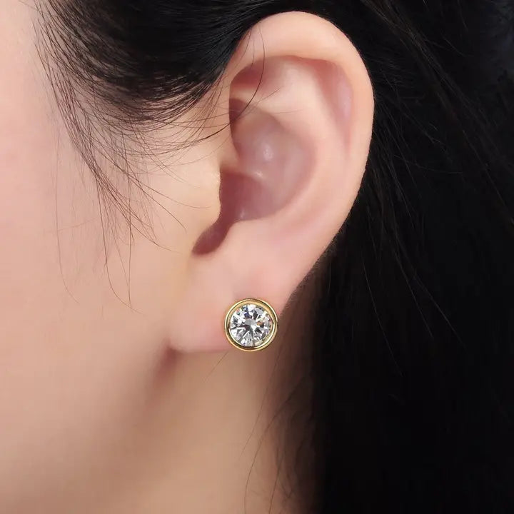 24K Gold Filled 10mm Clear Cz Round Bezel Stud Earrings