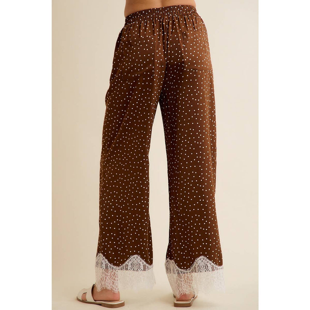 SATIN POLKA DOT WIDE LEG PANTS WITH LACE