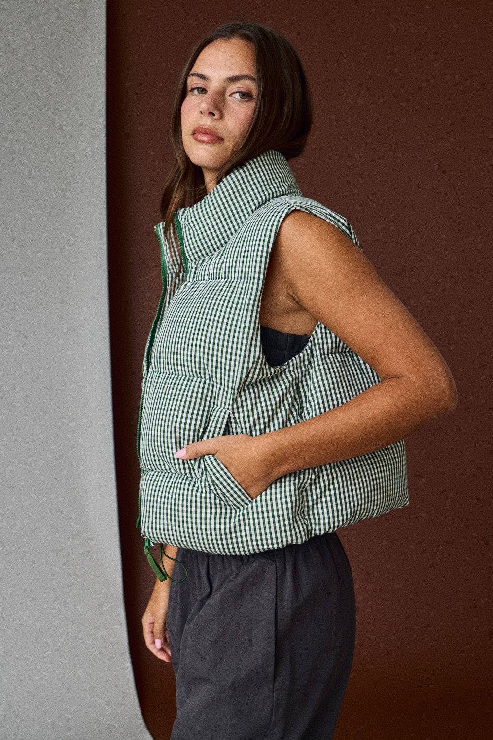 Green Gingham Puffer Vest