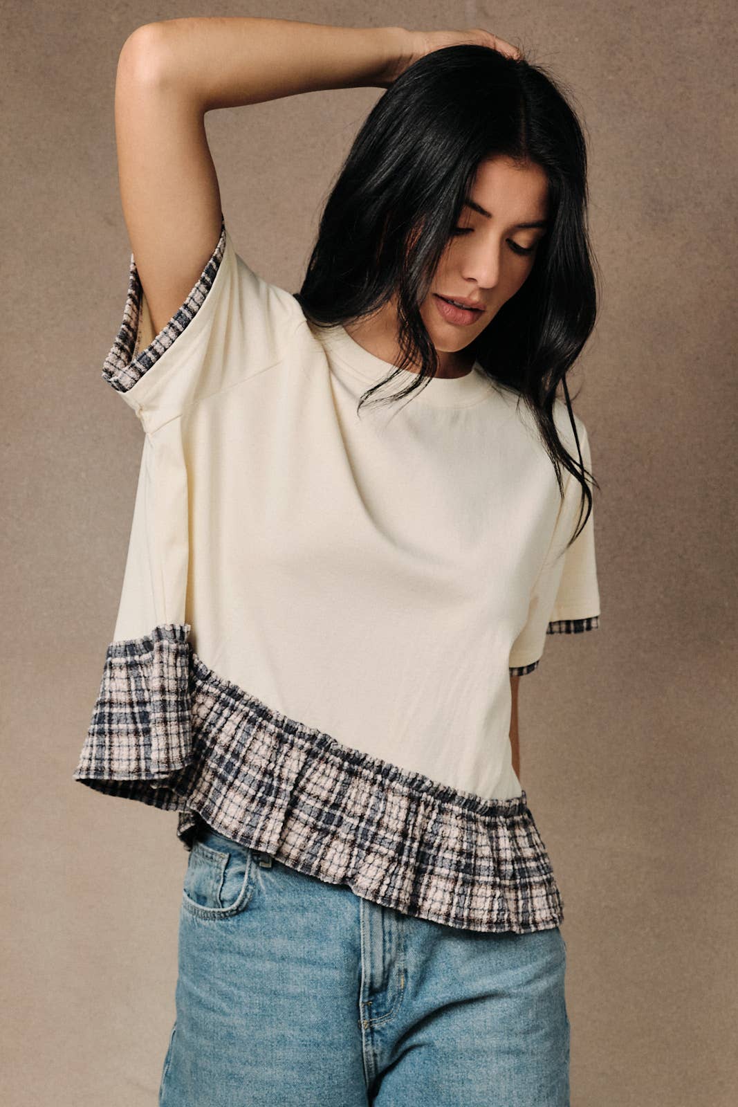 CREW NECK CONTRAST PEPLUM BOXY TOP